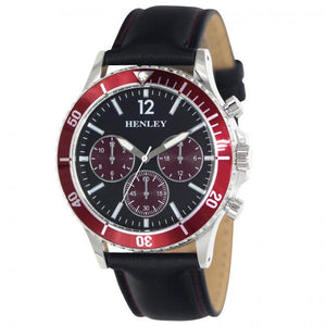 Henley Men's Polished Round Sports Case Purple Dial With Black Leather Strap Watch H02210.7