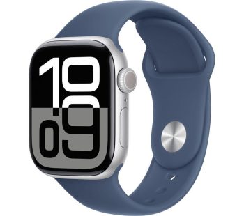 APPLE Watch Series 10 - 42 mm Jet Silver Aluminium Case with Denim Sport Band, M/L, Silver/Grey,Blue