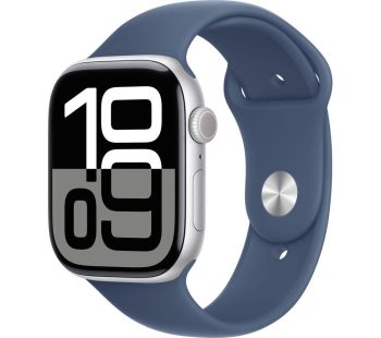 APPLE Watch Series 10 - 46 mm Silver Aluminium Case with Denim Sport Band, S/M, Silver/Grey,Blue