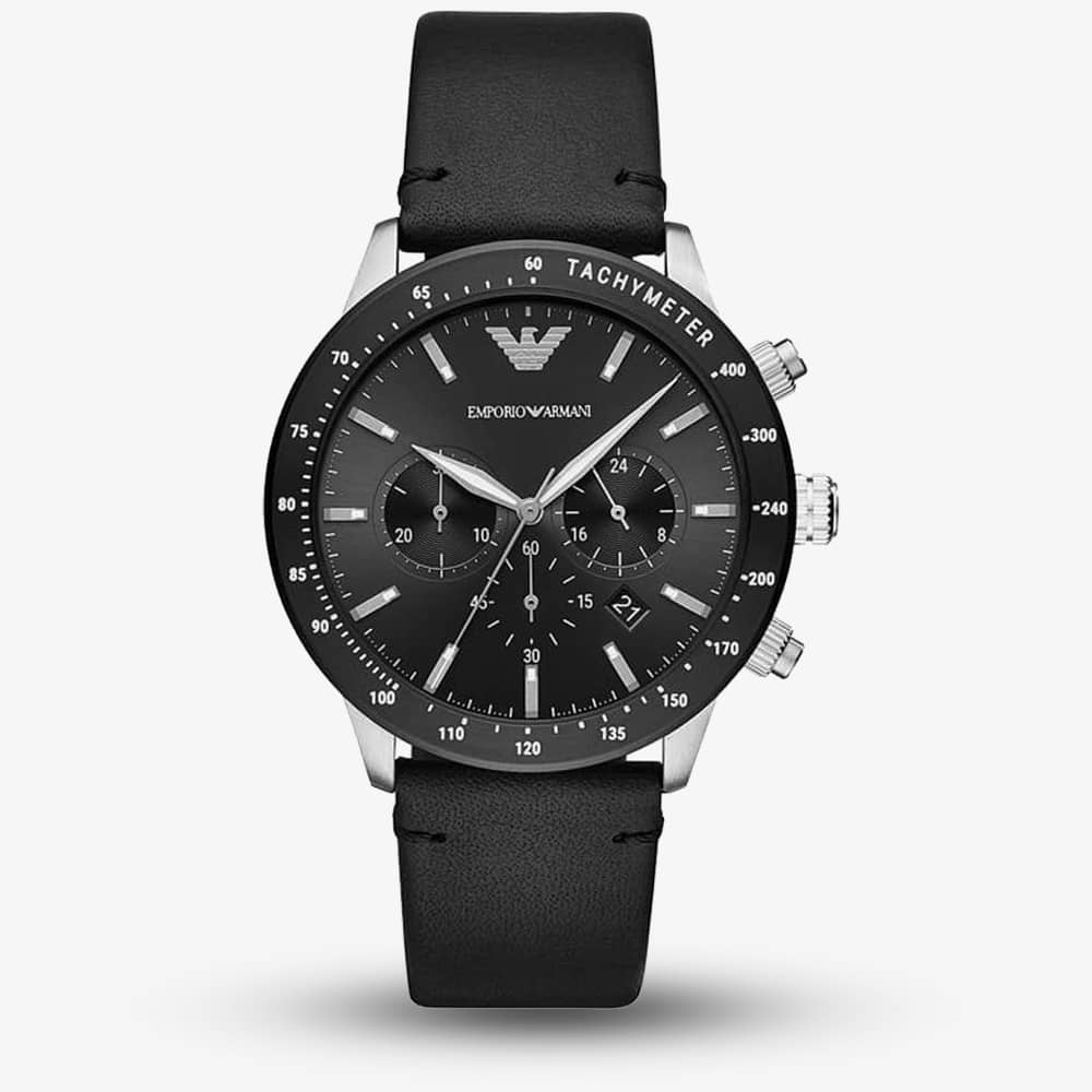 Emporio Armani Mens Black Chronograph Dial Black Leather Strap Watch AR11243 Emporio Armani Mens Black Chronograph Dial Black Leather Strap Watch AR11243