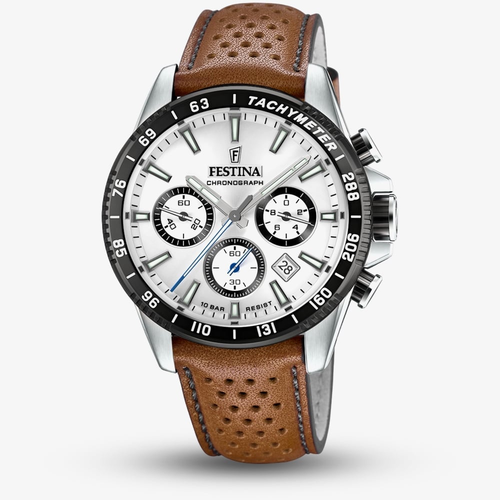 Festina Mens Silver Chronograph Brown Leather Strap Watch F20561/1 Festina Mens Silver Chronograph Brown Leather Strap Watch F20561/1