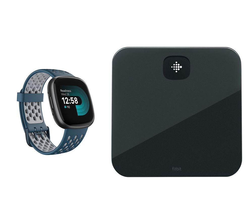 Fitbit Versa 4 Smart Watch Sports Pack & Aria Air Smart Scale Bundle - Black, Black,Blue Fitbit Versa 4 Smart Watch Sports Pack & Aria Air Smart Scale Bundle - Black, Black,Blue