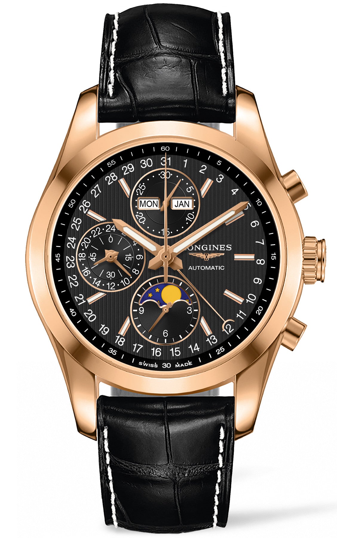Longines Watch Conquest Classic Moonphase Chronograph Mens - Black Longines Watch Conquest Classic Moonphase Chronograph Mens - Black