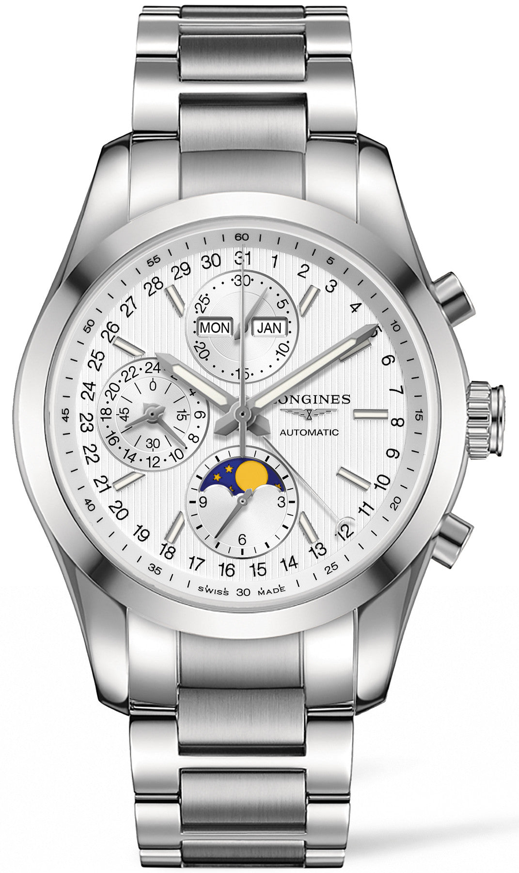 Longines Watch Conquest Classic Moonphase Chronograph Mens - Silver Longines Watch Conquest Classic Moonphase Chronograph Mens - Silver
