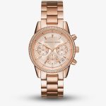 Michael Kors Ladies Ritz Rose Chronograph Dial Rose Gold Plated Bracelet Watch MK6357