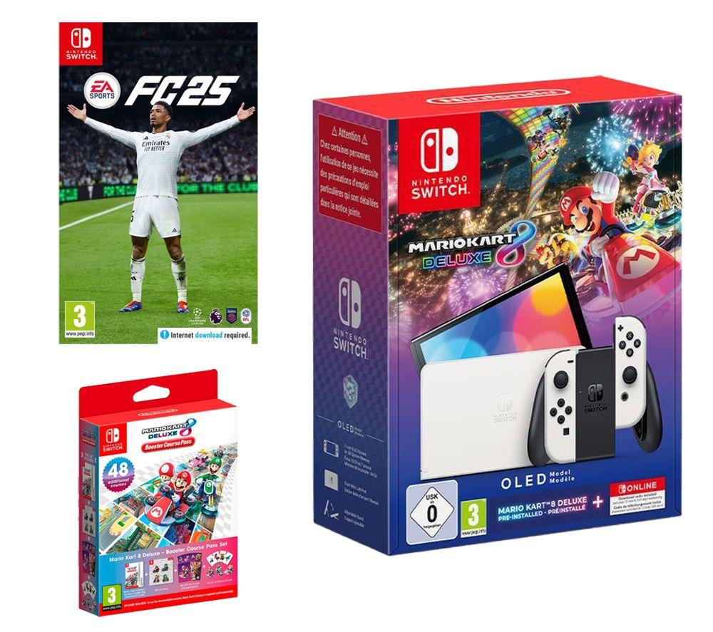 Nintendo Switch OLED White, Mario Kart 8 Deluxe & Booster Course Pass, Online 12 Month Membership & EA Sports FC 25 Bundle, White Nintendo Switch OLED White, Mario Kart 8 Deluxe & Booster Course Pass, Online 12 Month Membership & EA Sports FC 25 Bundle, White