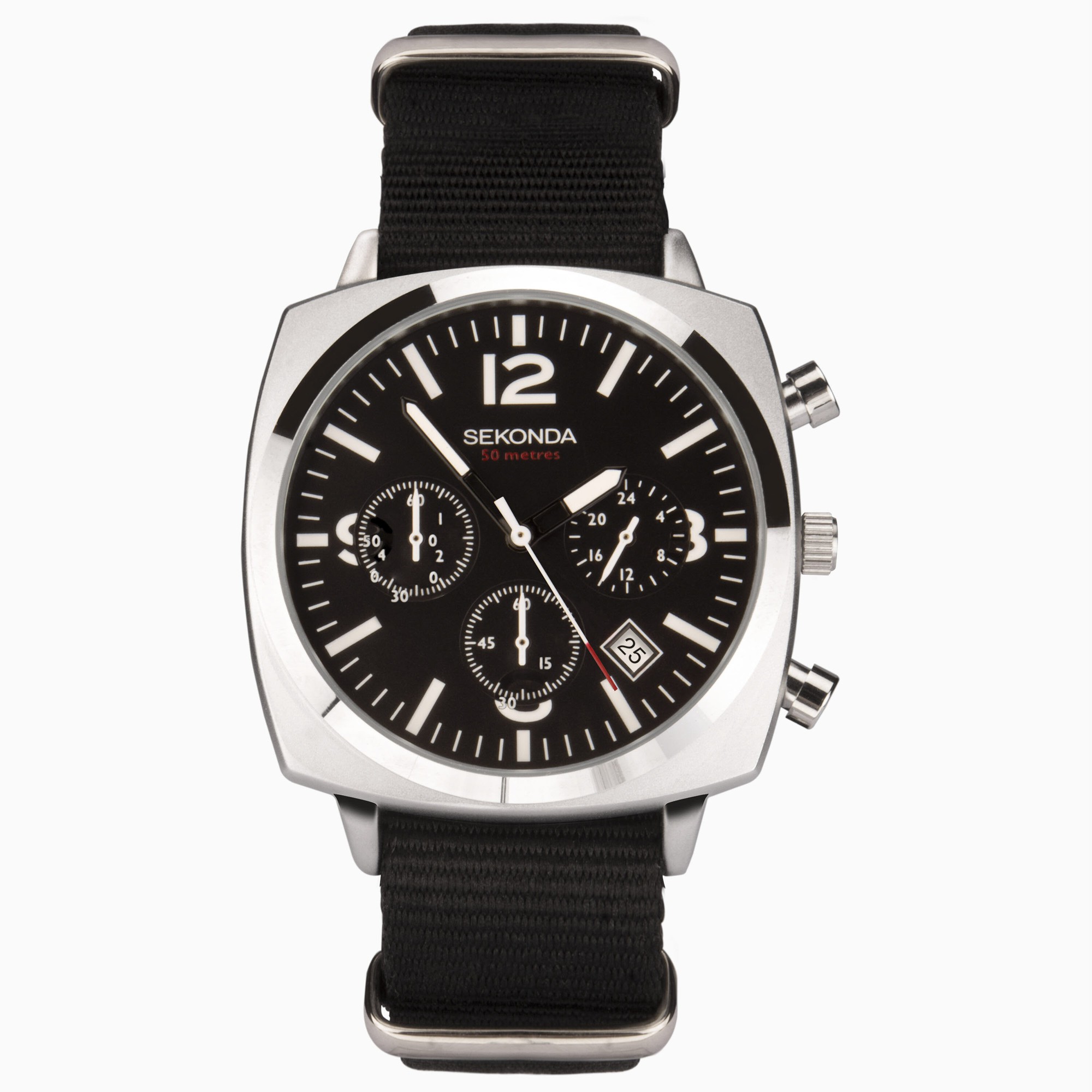 Sekonda Sekonda Airborne Men's Chronograph Watch | Silver Case & Black Canvas Strap with Black Dial | 1989 Sekonda Sekonda Airborne Men's Chronograph Watch | Silver Case & Black Canvas Strap with Black Dial | 1989