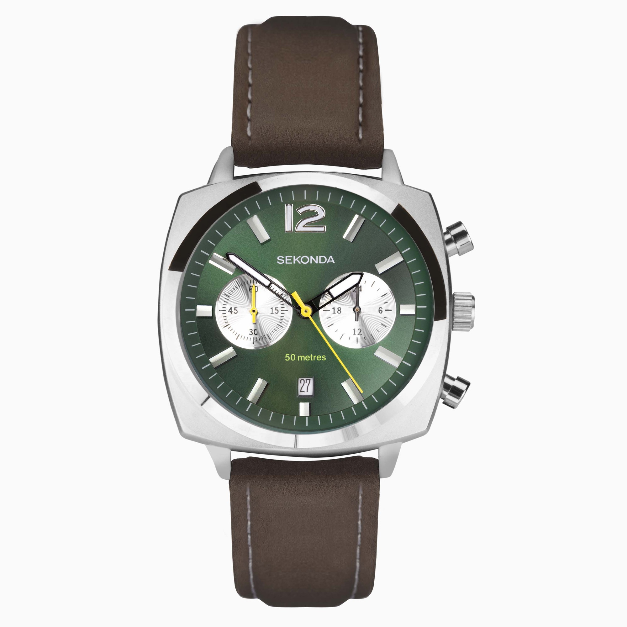 Sekonda Sekonda Airborne Men's Chronograph Watch | Silver Case & Brown Leather Strap with Green Dial | 30029 Sekonda Sekonda Airborne Men's Chronograph Watch | Silver Case & Brown Leather Strap with Green Dial | 30029
