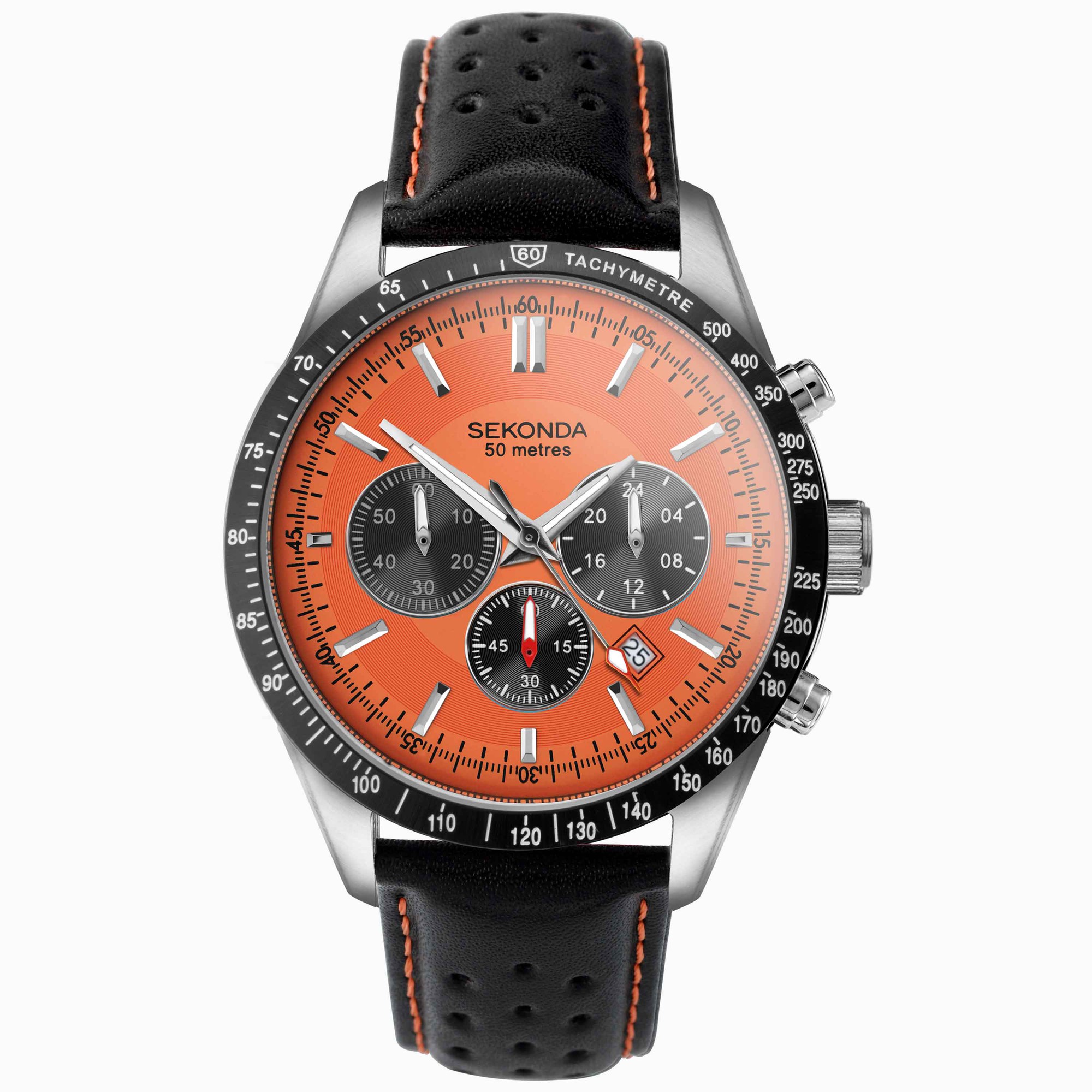 Sekonda Sekonda Velocity Chronograph Men's Watch | Stainless Steel Case & Black Leather Strap with Orange Dial | 30020 Sekonda Sekonda Velocity Chronograph Men's Watch | Stainless Steel Case & Black Leather Strap with Orange Dial | 30020