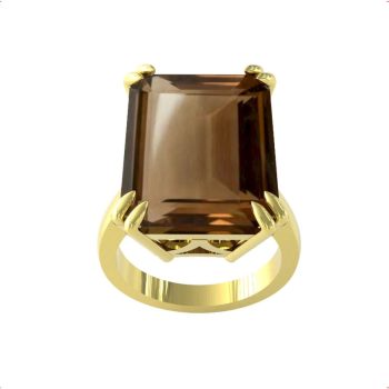 9ct Yellow Gold Emerald Cut Smokey Quartz Ring - Ring Size H