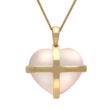 9ct Yellow Gold Rose Quartz Large Cross Heart Necklace - Yellow Gold