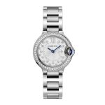 Ballon Bleu de Cartier watch, 28 mm, quartz movement Steel case, fluted steel crown set with a synthetic cabochon-shaped spinel.