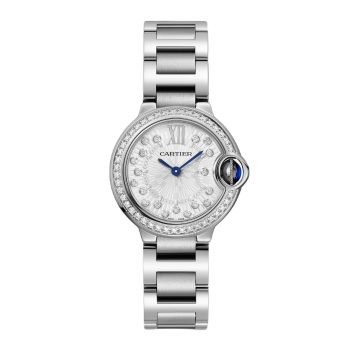 Ballon Bleu de Cartier watch, 28 mm, quartz movement Steel case, fluted steel crown set with a synthetic cabochon-shaped spinel.