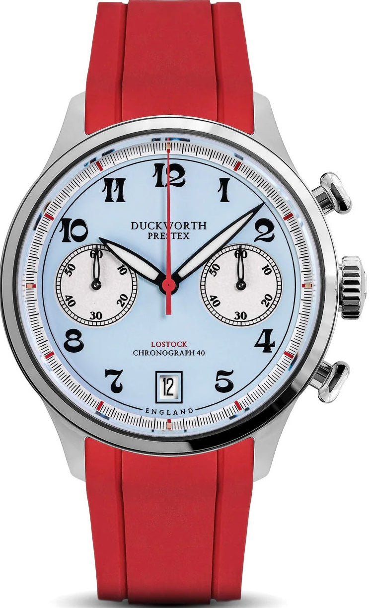 Duckworth Prestex Lostock Blue 40mm Quartz Chronograph Red Rubber Watch Duckworth Prestex Lostock Blue 40mm Quartz Chronograph Red Rubber Watch