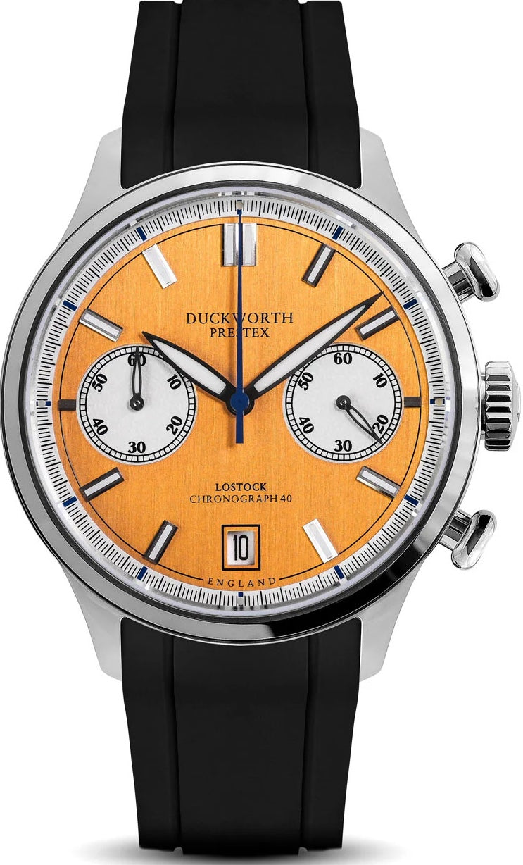 Duckworth Prestex Lostock Orange 40mm Quartz Chronograph Black Rubber Watch Duckworth Prestex Lostock Orange 40mm Quartz Chronograph Black Rubber Watch