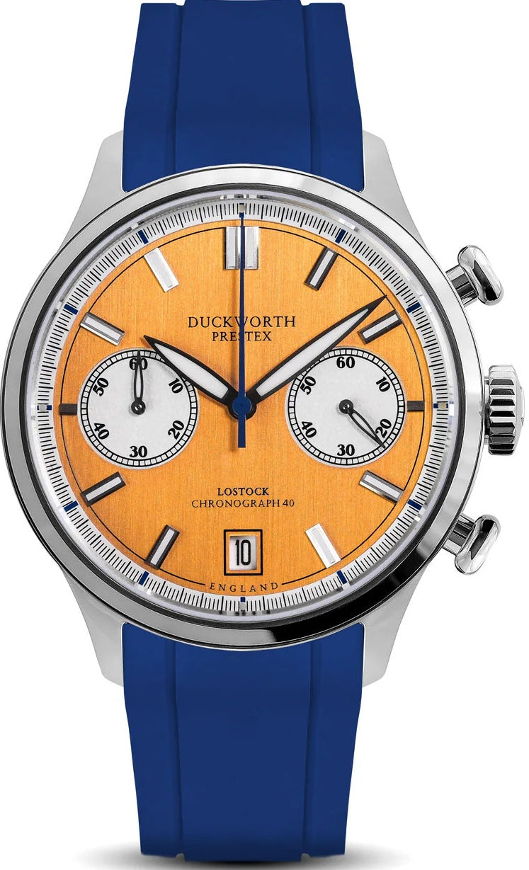Duckworth Prestex Lostock Orange 40mm Quartz Chronograph Blue Rubber Watch Duckworth Prestex Lostock Orange 40mm Quartz Chronograph Blue Rubber Watch