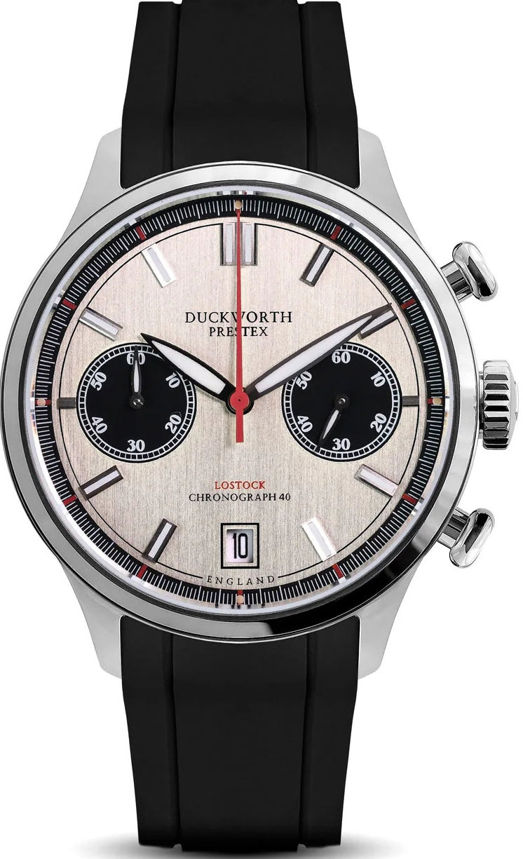 Duckworth Prestex Lostock Silver 40mm Quartz Chronograph Black Rubber Watch Duckworth Prestex Lostock Silver 40mm Quartz Chronograph Black Rubber Watch