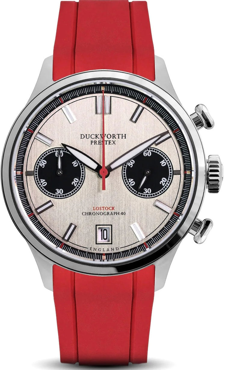 Duckworth Prestex Lostock Silver 40mm Quartz Chronograph Red Rubber Watch Duckworth Prestex Lostock Silver 40mm Quartz Chronograph Red Rubber Watch