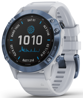 Garmin Watch Fenix 6 Pro Solar Mineral Blue With Whitestone Band D - Black