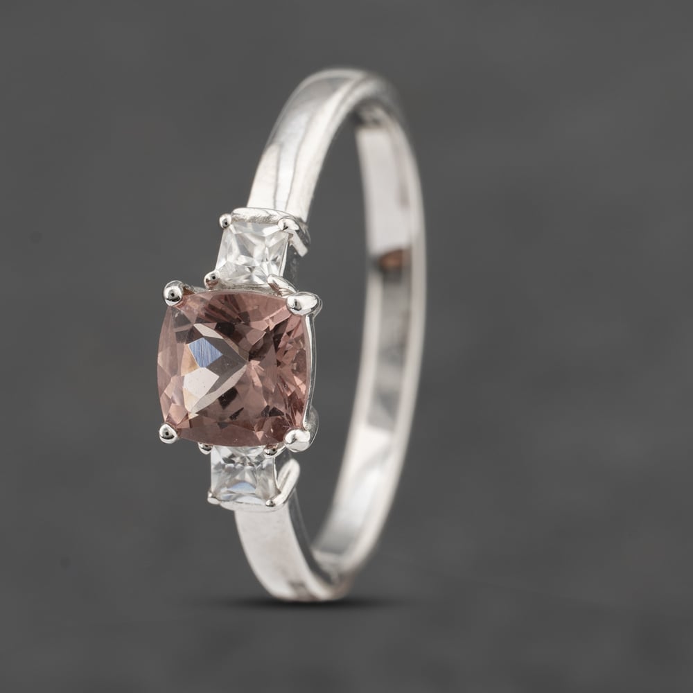 Pre-Owned 9ct White Gold Pink Quartz & Cubic Zirconia Three Stone Ring 41103481 Pre-Owned 9ct White Gold Pink Quartz & Cubic Zirconia Three Stone Ring 41103481