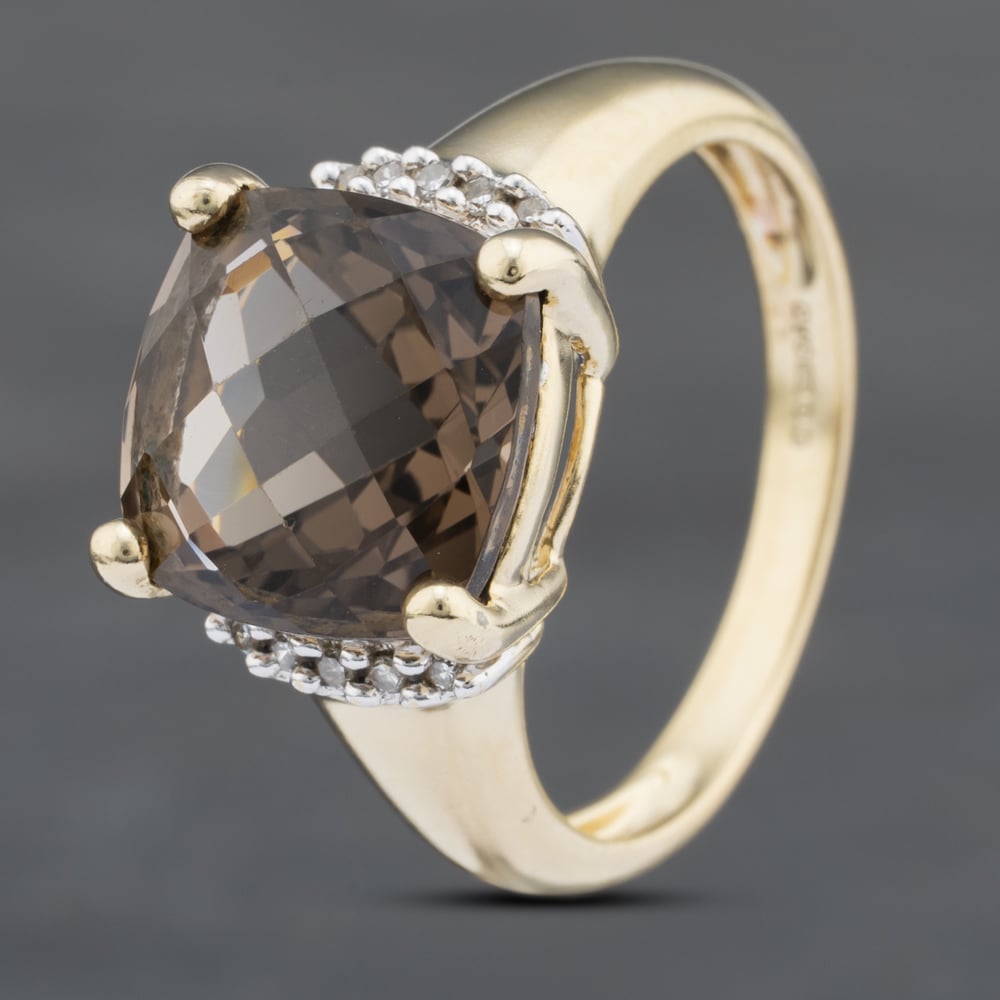 Pre-Owned 9ct Yellow Gold Smokey Quartz & Diamond Cushion Shape Dress Ring 41382682 Pre-Owned 9ct Yellow Gold Smokey Quartz & Diamond Cushion Shape Dress Ring 41382682