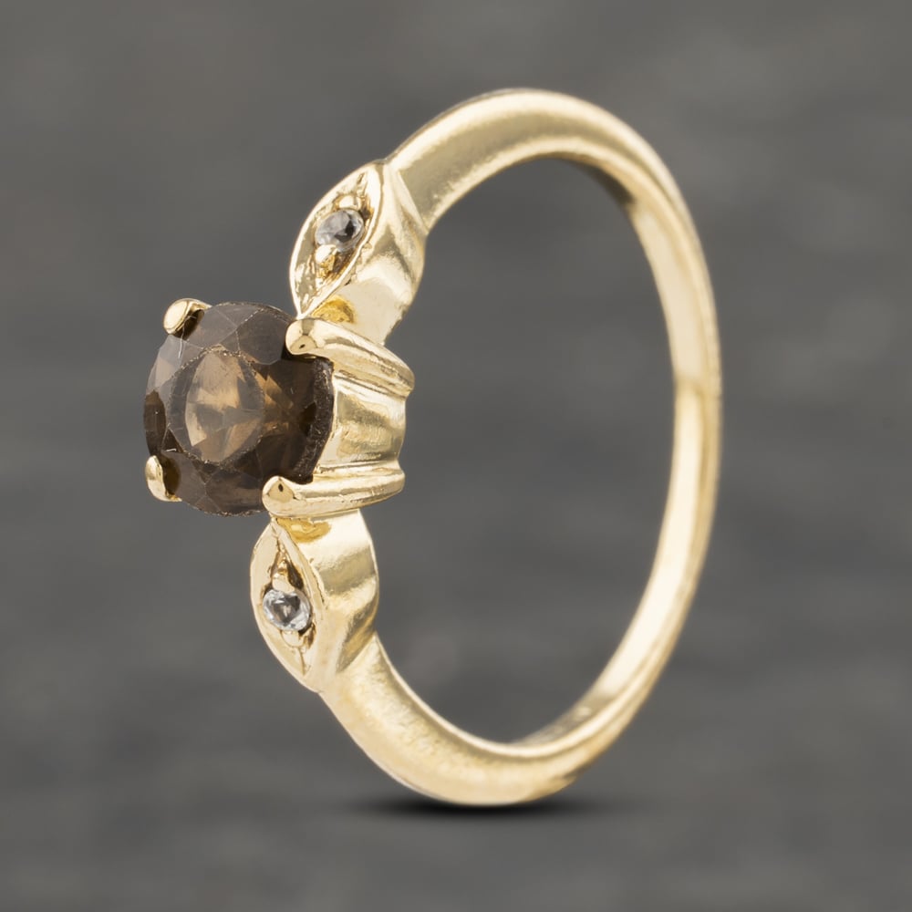 Pre-Owned 9ct Yellow Gold Smokey Quartz & White Topaz Shoulders Dress Ring 41103262 Pre-Owned 9ct Yellow Gold Smokey Quartz & White Topaz Shoulders Dress Ring 41103262