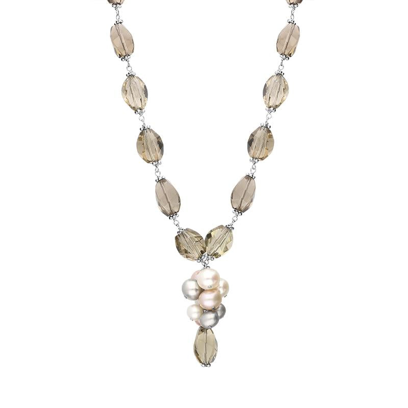 Sterling Silver Multi-coloured Pearl and Quartz Bead Drop Necklace D Sterling Silver Multi-coloured Pearl and Quartz Bead Drop Necklace D