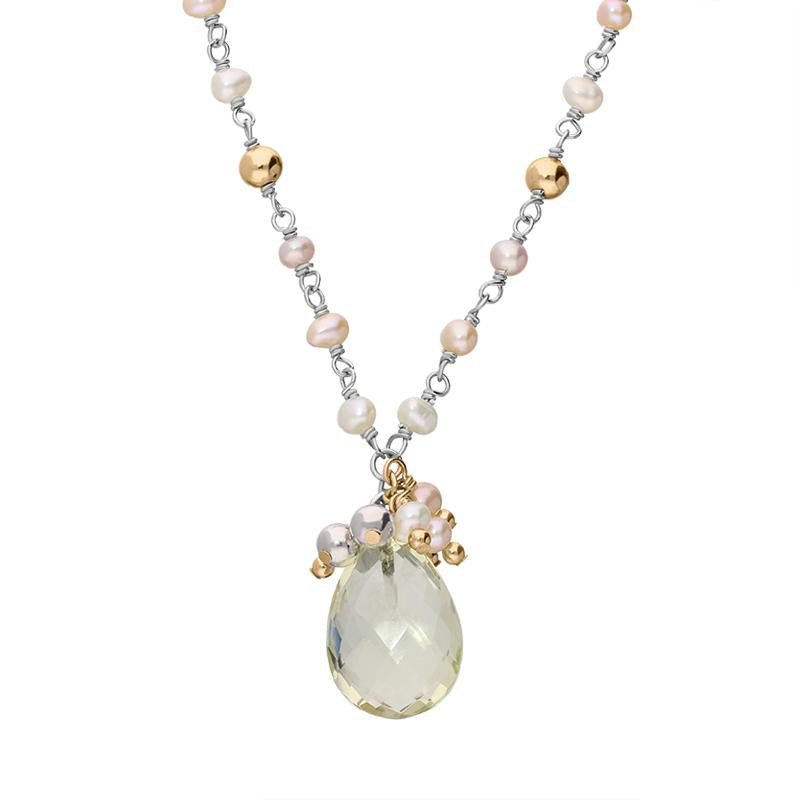 Sterling Silver Rose Gold Plated Oval Quartz Beaded Drop Necklace Sterling Silver Rose Gold Plated Oval Quartz Beaded Drop Necklace