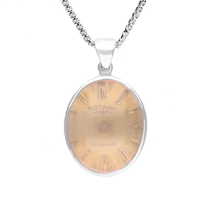 Sterling Silver Rose Quartz Alice In Wonderland Domed Small Oval Clock Face Necklace - Silver Sterling Silver Rose Quartz Alice In Wonderland Domed Small Oval Clock Face Necklace - Silver