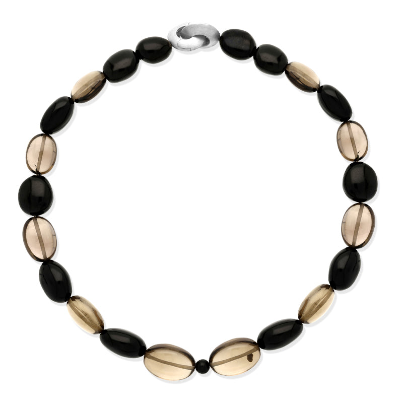 Sterling Silver Whitby Jet Smokey Quartz Bead Necklace D - Silver Sterling Silver Whitby Jet Smokey Quartz Bead Necklace D - Silver